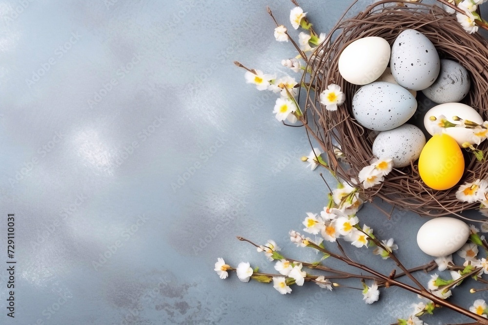 Easter holiday top view flat lay background with eggs in nests and spring flowers Greeting card