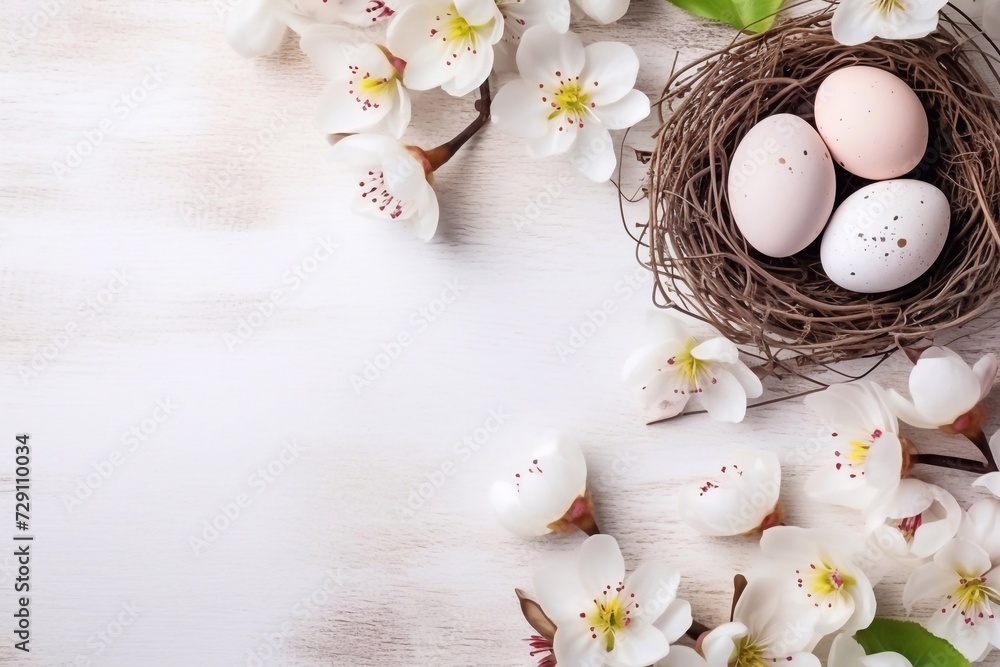 Easter holiday top view flat lay background with eggs in nests and spring flowers Greeting card