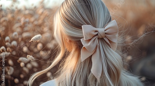 Woman's hairstyle adorned with bows, creating a chic and stylish look. Modern hair fashion and elegance, perfect for beauty and salon photo