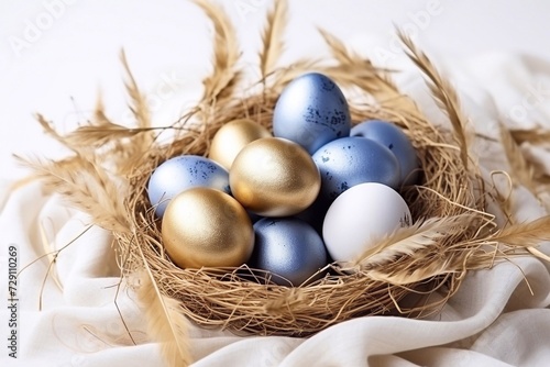 The concept of Easter minimal golden eggs Stylish easter gold and blue quail eggs with dried golde