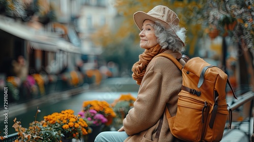 Elderly female traveler with a backpack sits on a bench, marveling at the city's landmarks. Exploration, adventure, and sightseeing in a cityscape