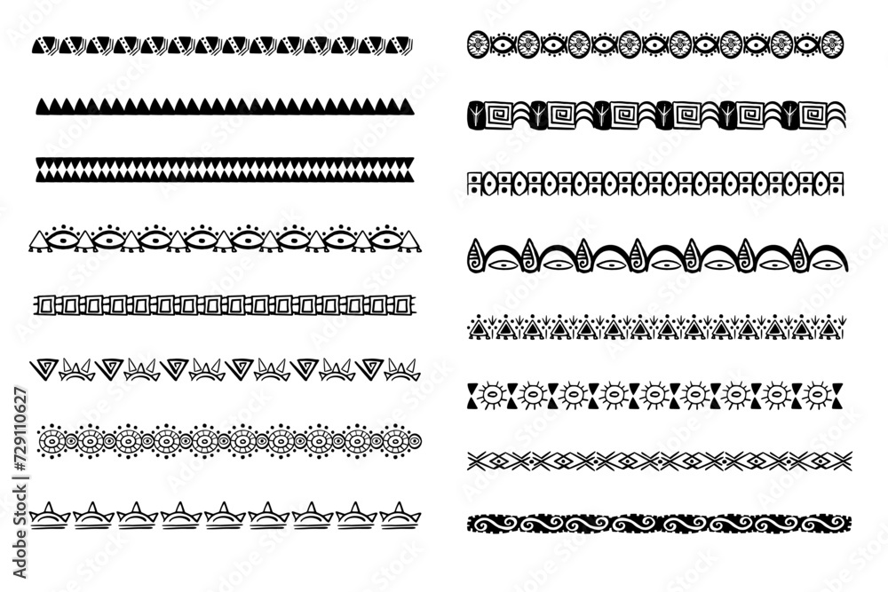 Obraz premium Set aztec tribal motive border in doodle hand drawn style from geometrical shapes isolated on white background. boho scandinavian srtoke, traditional native decor.