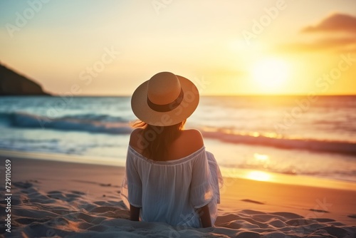 Woman on her back with holiday hat at sunrise on the beach looking at the sea with Copy Space , summer holiday background © mariodelavega