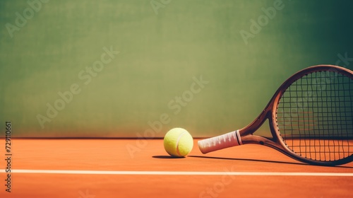 banner showing retro wooden tennis racket with ball on clay tennis court, minimalist style