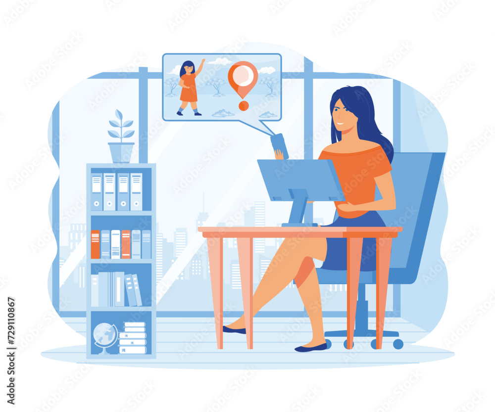 Parental control app. Mom in the office checks her daughters location using smart phone. flat vector modern illustration Parental control app. Mom in the office checks her daughters location using smart phone. flat vector modern illustration