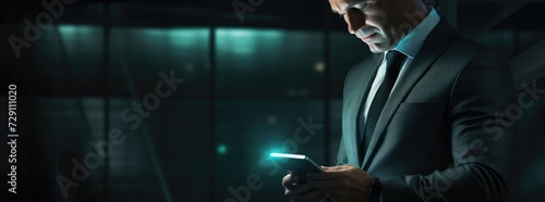 A professional man in a tailored suit focuses intently on a digital tablet against a dark, blurred background.