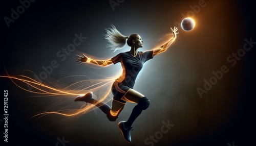 Female Handball Player Powerful Throw Orange Glow