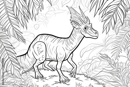 Parasaurolophus Dinosaur Black White Linear Doodles Line Art Coloring Page, Kids Coloring Book