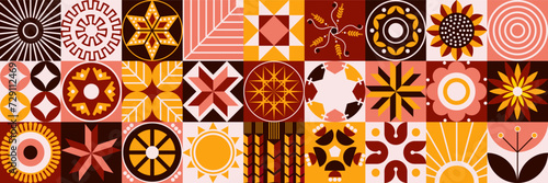 Abstract geometric background in the ancient style of Ukrainian embroidery. Scandinavian style. Magical elements of amulets and talismans. Mosaic style. Retro colors