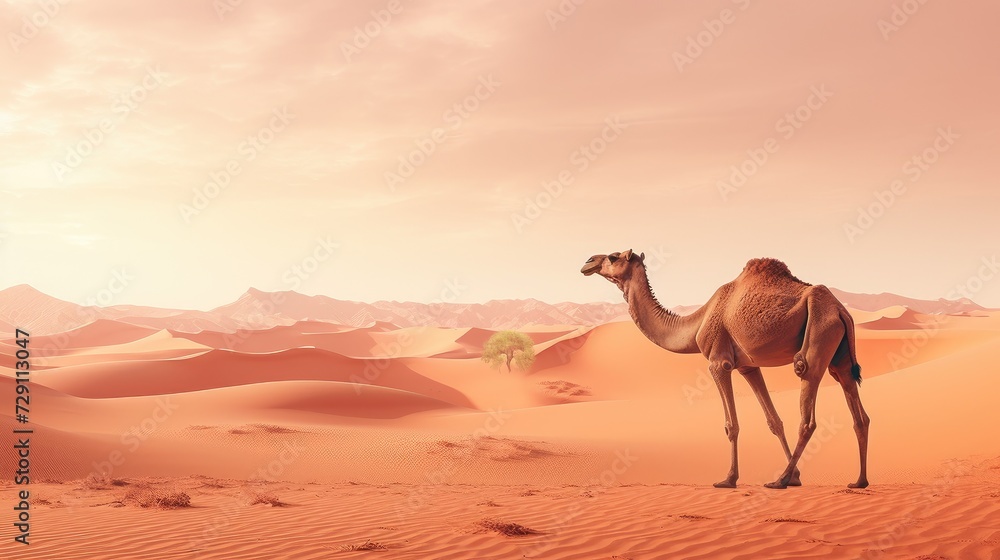 Desert Dusk Majesty: A Lone Camel's Silhouette Against a Fiery Sky - Generative AI Desert Dusk Majesty: A Lone Camel's Silhouette Against a Fiery Sky - Generative AI