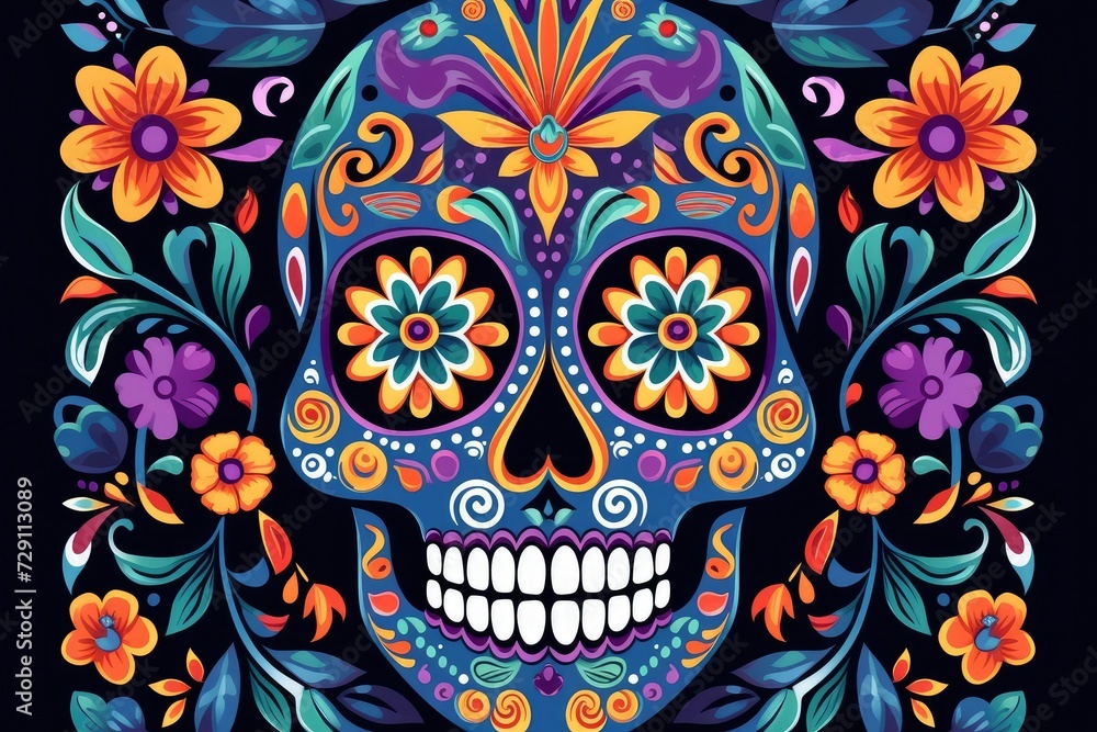 Vibrant Celebration of Life: Traditional Mexican Sugar Skull Amidst Florals - Generative AI Vibrant Celebration of Life: Traditional Mexican Sugar Skull Amidst Florals - Generative AI