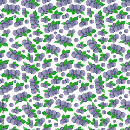 Hand drawn watercolor blueberry seamless pattern isolated on white background. Can be used for textile, fabric, wrapping and other printed products.