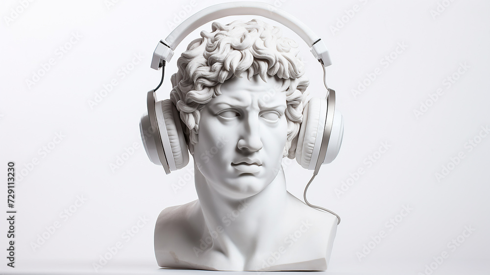 classical music concept, the head of an abstract fictional ancient male statue in modern music headphones, listening to music on a white background classical music concept, the head of an abstract fictional ancient male statue in modern music headphones, listening to music on a white background