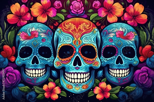 Floral Tribute: Enchanting Sugar Skull Surrounded by Vivid Blooms - Generative AI