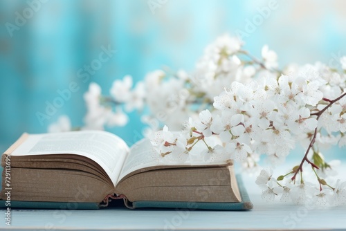 Serene Spring Awakening: Antique Bible Amidst Cherry Blossoms - Generative AI