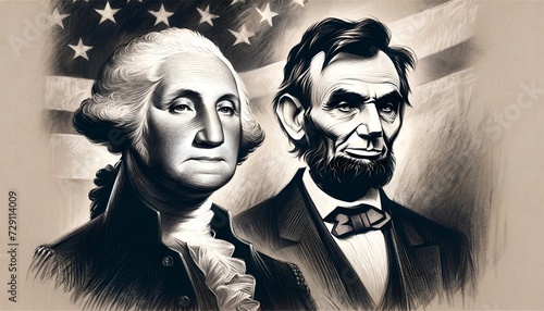 Charcoal illustration design of george washington and abraham lincoln for presidents day. photo