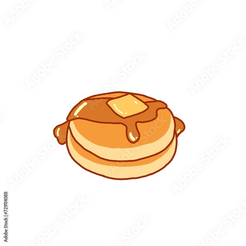 Stack pancakes with maple syrup and a slice of butter. Vector illustration. 