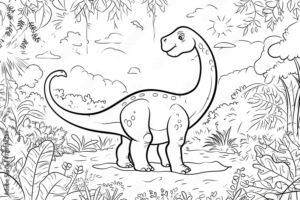 Diplodocus Dinosaur Black White Linear Doodles Line Art Coloring Page, Kids Coloring Book