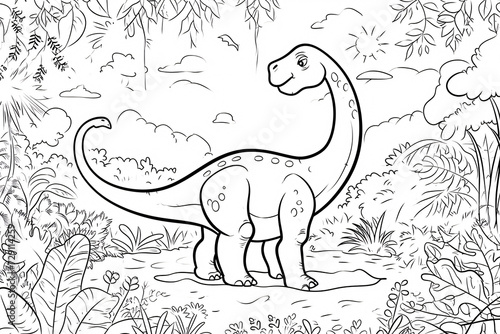 Diplodocus Dinosaur Black White Linear Doodles Line Art Coloring Page, Kids Coloring Book © Shahsoft Production