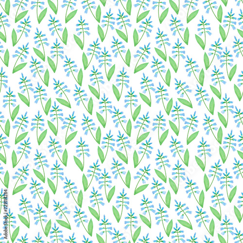 Hand drawn watercolor abstract blue periwinkle flowers bouquet seamless pattern isolated on white background. Can be used for textile, fabric and other printed products.