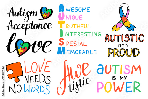 Autism Awareness lettering set vector isolated. Collection of colorful design elements for poster. Handwritten font, autistic disorder. Autism awareness day in April.