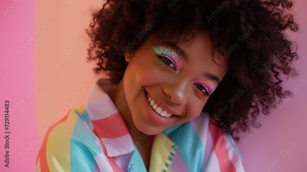 Joyful young woman in pastel clothes and vibrant makeup, posing close-up. Joyful young woman in pastel clothes and vibrant makeup, posing close-up.