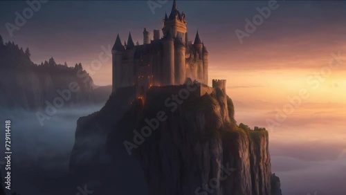 Castle on the hill. Fairytale Castle, Fantasy Environment, Towers, Windows 3D Animations rendering CGI Cinematic 4K