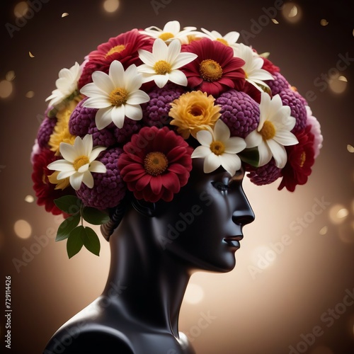 Mannequin with flowers on its head.