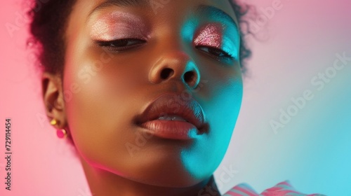 Stylish beauty portrait showcasing an Afro woman's colorful makeup and pastel wardrobe.