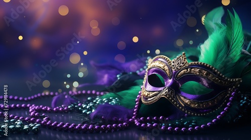 Colorful mardi gras carnival mask and beads on gradient background with free copy space