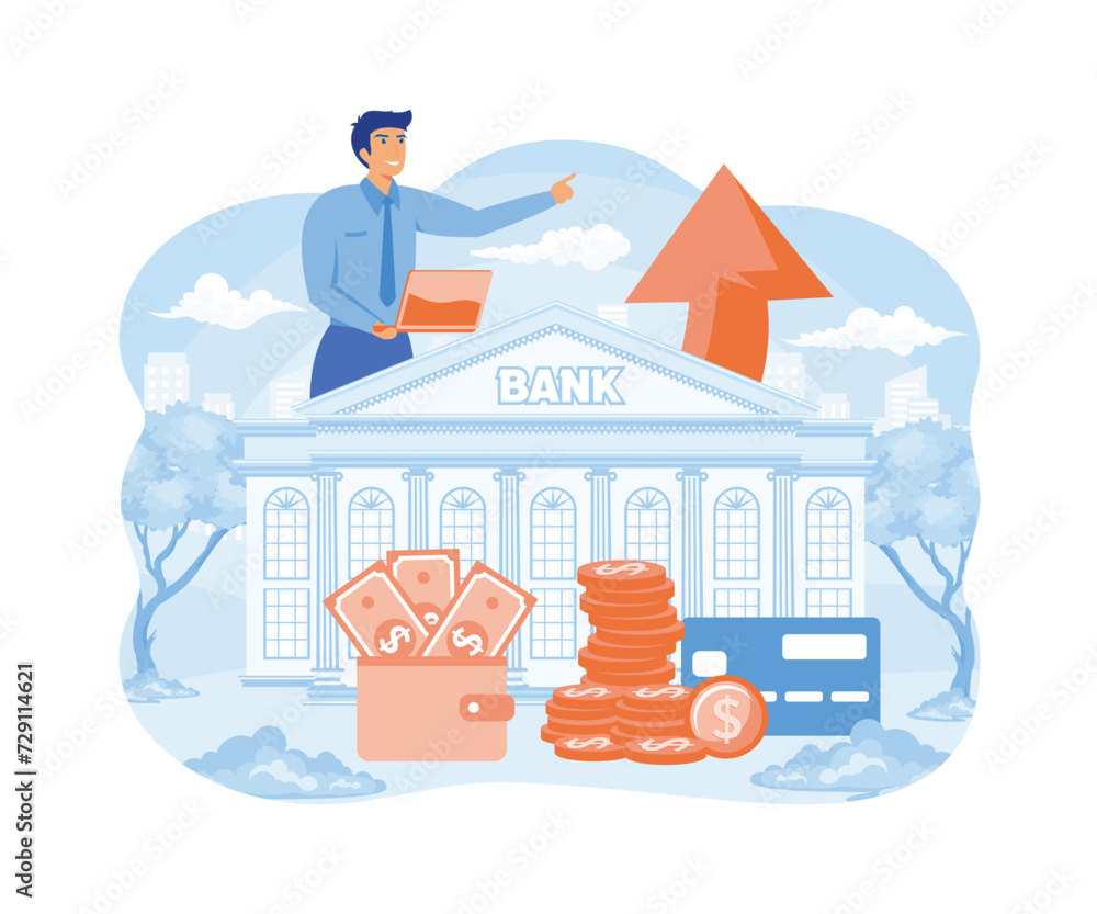 Searching Business Loan Offer, Bank Investments Proposal, Refinancing Opportunity. Businessman, Business Owner with Laptop, Bank Building, Money in Wallet. flat vector modern illustration Searching Business Loan Offer, Bank Investments Proposal, Refinancing Opportunity. Businessman, Business Owner with Laptop, Bank Building, Money in Wallet. flat vector modern illustration