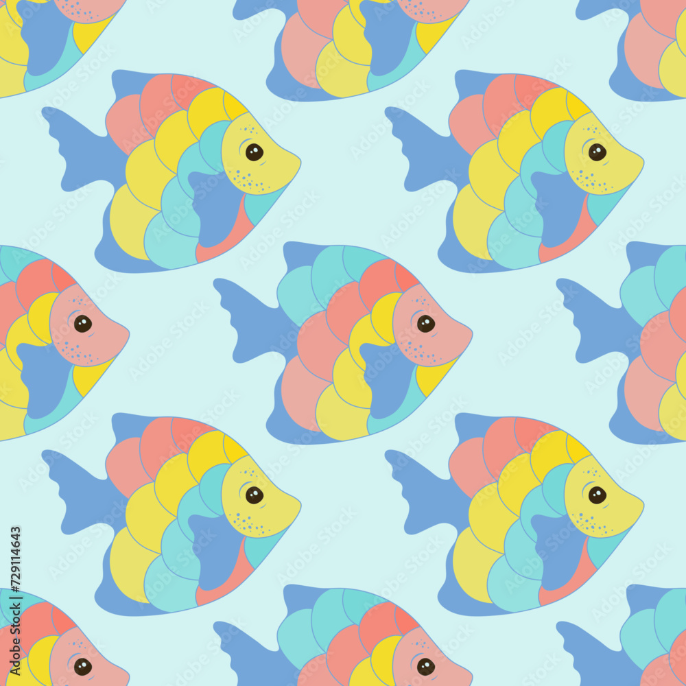 Fototapeta premium Exotic tropical fish endless fabric print illustration. Aquatic animals swimming. Kids fashion