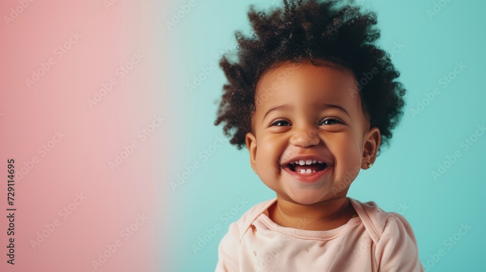Toddler beams happily in front of a pastel studio scene. Toddler beams happily in front of a pastel studio scene.