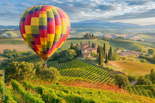 Hot air balloon floating above a picturesque Tuscan landscape during the golden hour. Beautiful tuscan landscape in Italy on a sunny day in summer. Countryside landscape background.