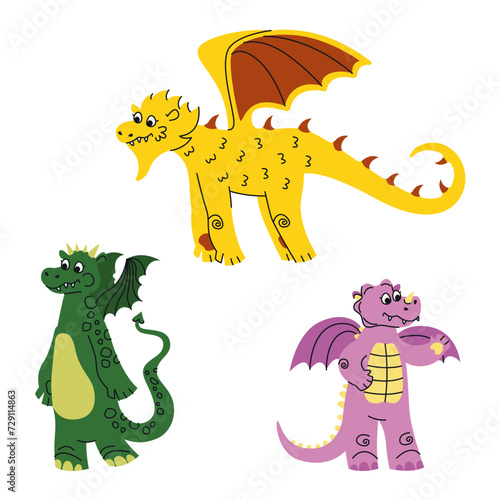 Set of cute dragons. Fairytale animals in doodle style.