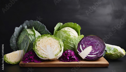 Board with different fresh cabbage on dark background with copy space
