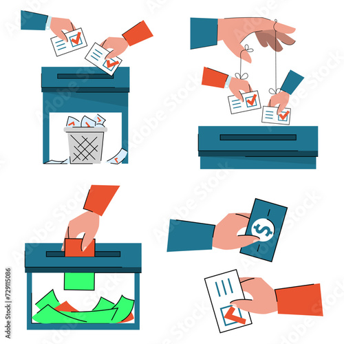 Electoral fraud set vector isolated. Changing ballots, vote rigging and corruption. Fraud in politics. Exchange vote for cash.