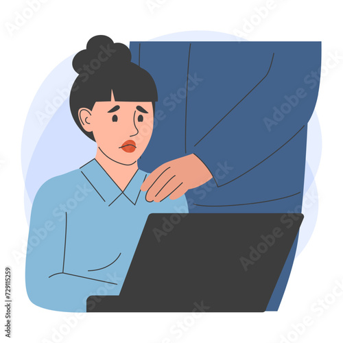 Sexual harassment in the office vector isolated. Employee suffering from abuse, unwanted attention from the boss. Man touching shoulder of female employee.