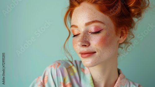 A stunning redhead embraces her natural beauty while wearing light makeup for a studio photoshoot.
