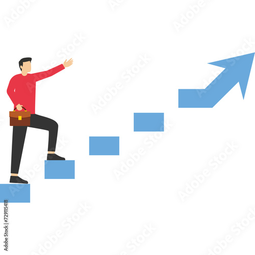 achieving business goals and challenges or gender equality concept, career success for women or women leadership, confident entrepreneur woman taking baby steps up ladder with an arrow pointing up.