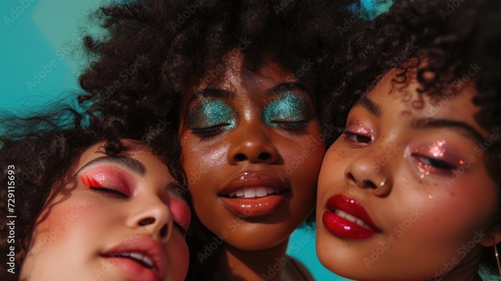 Vibrant makeup and pastel background enhance the beauty of a diverse group of young women. Vibrant makeup and pastel background enhance the beauty of a diverse group of young women.