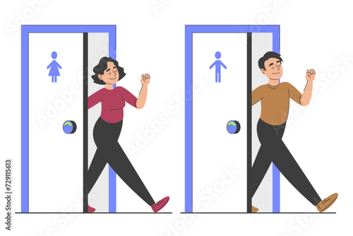 Happy person walking out of public WC vector isolated. Female and male character leaving restroom after urinating.