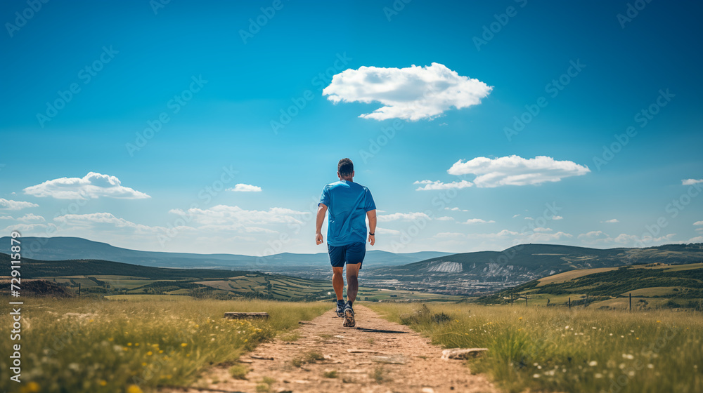 Young Man in Blue Athletic Wear Jogging on a Rural Path Through a Picturesque Countryside Landscape
