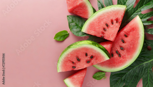 Top view of pieces of ripe watermelon on pink background with copy space