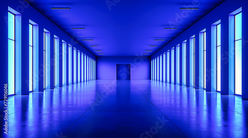 Futuristic corridor with blue lights and modern architectural design, creating a sense of advanced technology and contemporary style