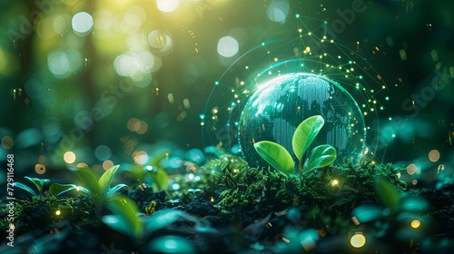 Environmental, Social, and Governance (ESG) concept in stock photo, sustainable business models, hologram of graphs and diagrams.