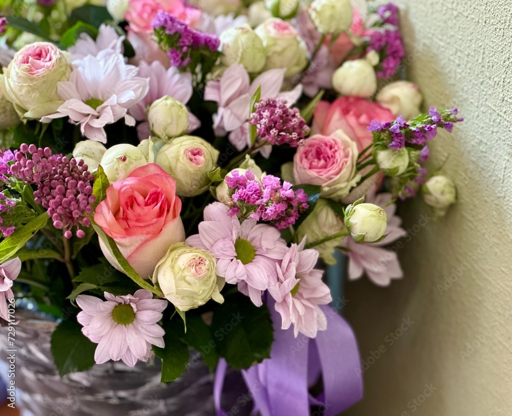 bouquet of flowers, daisy flowers close up. Perfect spring phone screen shot. Pink white purple flowers mix.	