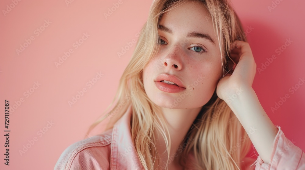 Capturing the allure of a blonde beauty in a horizontal closeup, adorned in pastel hues and natural makeup.