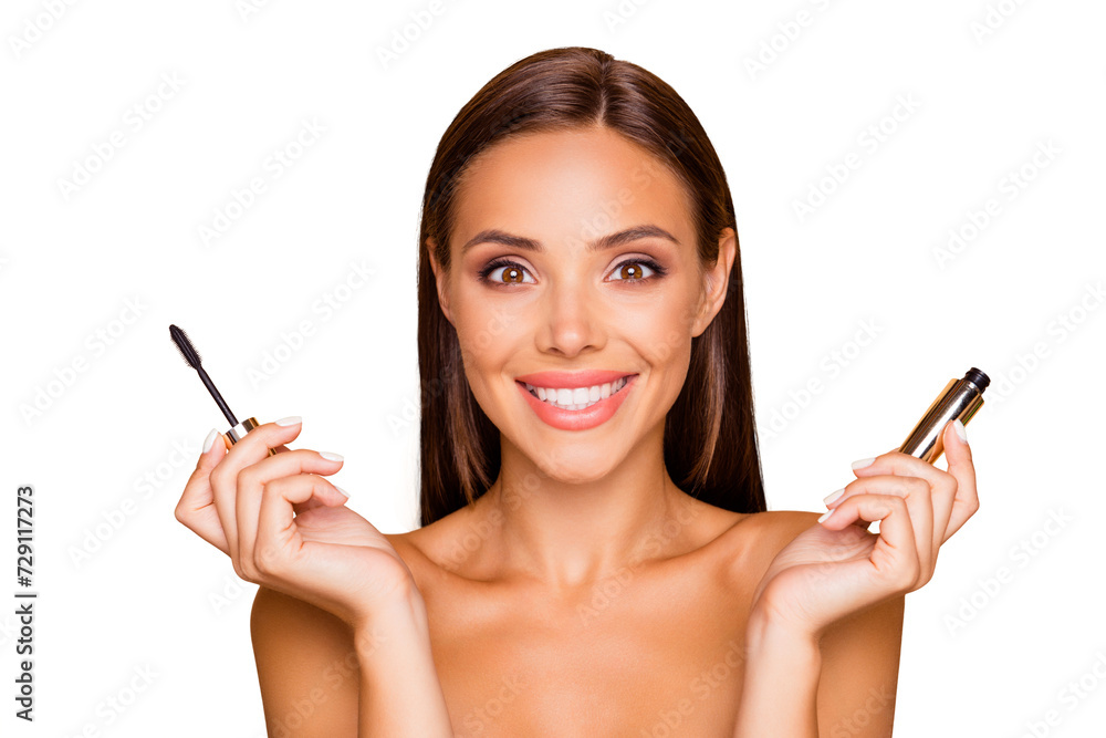 Portrait of good-looking lovely charming pretty brown-haired lady with her naked shoulders she make white beaming teeth toothy smile isolated on pastel beige background hold mascara in hands