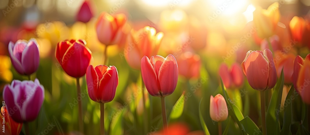Colorful tulips bloom in a sunlit field. Colorful tulips bloom in a sunlit field.